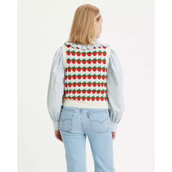 Levi’s STRAWBERRIES CLOUD DANCER sweater vest top size Medium Cream Red - Picture 2 of 7